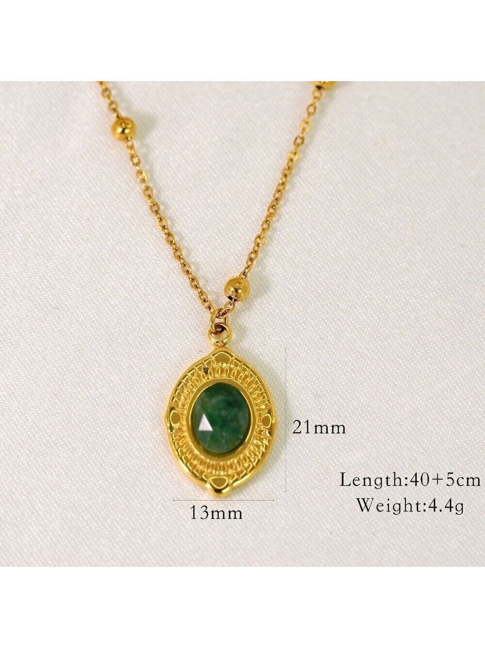18K Gold Plated Titanium Steel Cable Satellite Chain, Green Oval Pendant